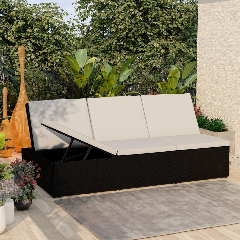 Sonnenliege mit Auflage Poly Rattan Schwarz