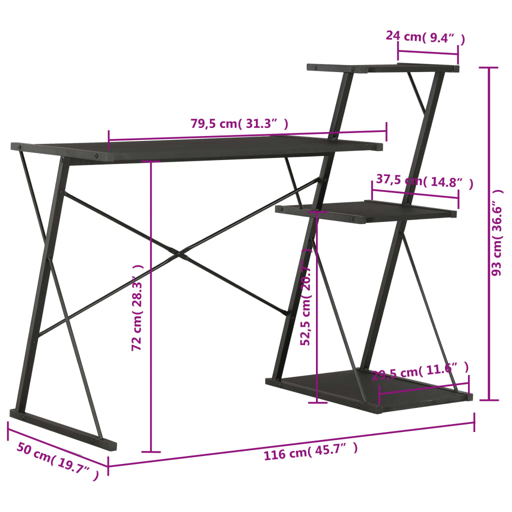Desk with shelf black 116×50×93 cm