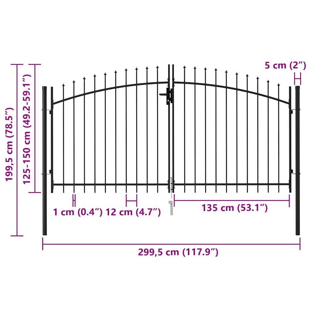 Zauntor Doppelflügel mit Speerspitzen Stahl 3 x 1,5 m Schwarz