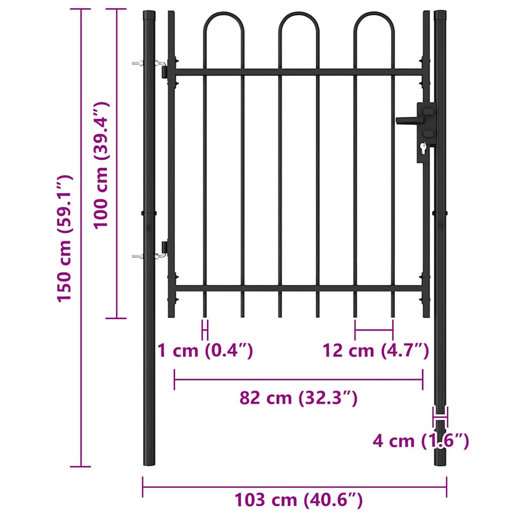 Zauntor Einzelflügel Gewölbte Spitze Stahl 1 x 1 m Schwarz