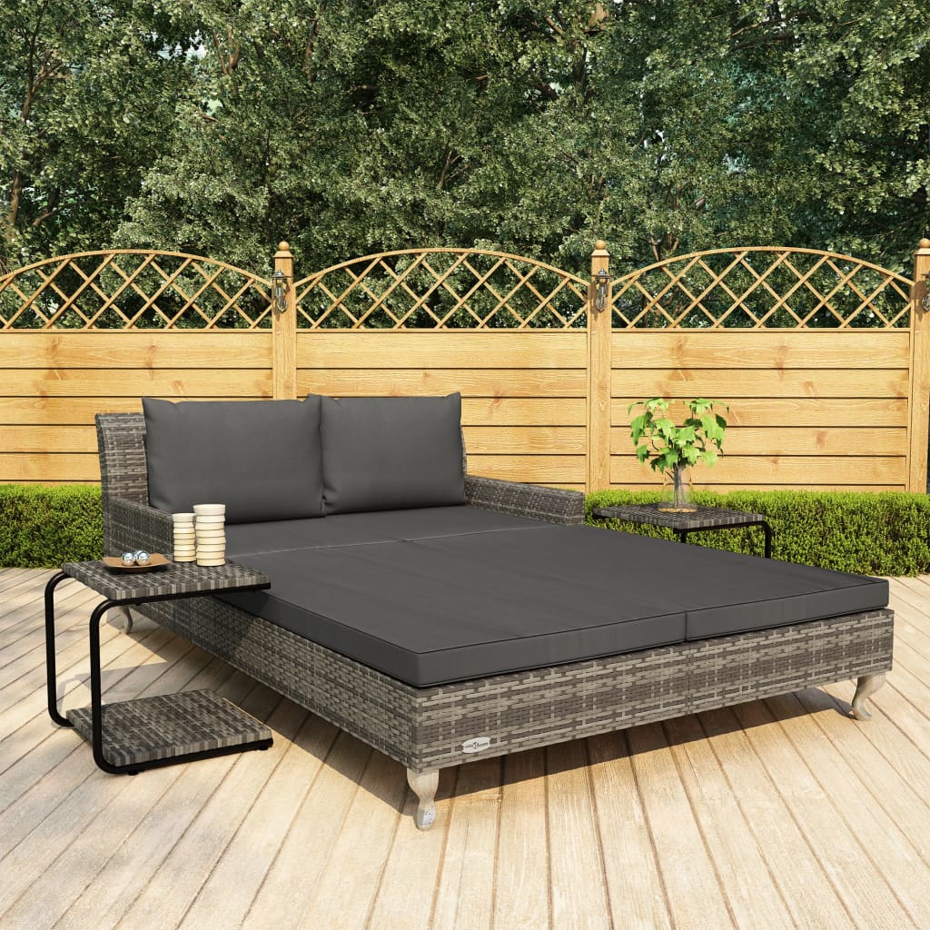 2-Personen-Sonnenliege mit Auflagen Poly Rattan Grau