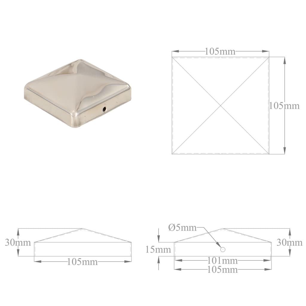 Pfostenkappen 6 Stk. Pyramide Edelstahl 101 x 101 mm