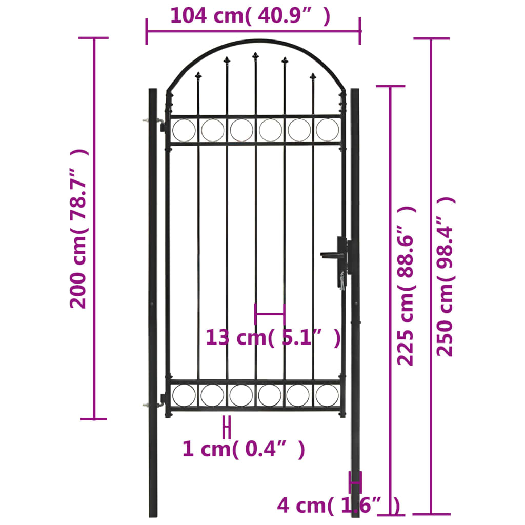 Fence gate with arched top steel 100x250 cm black