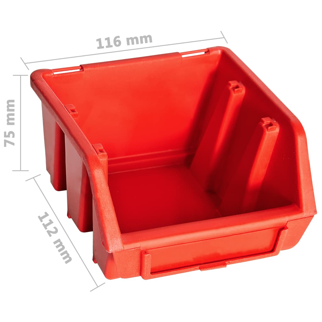 32-piece open-fronted storage bin set with wall bracket, red and black