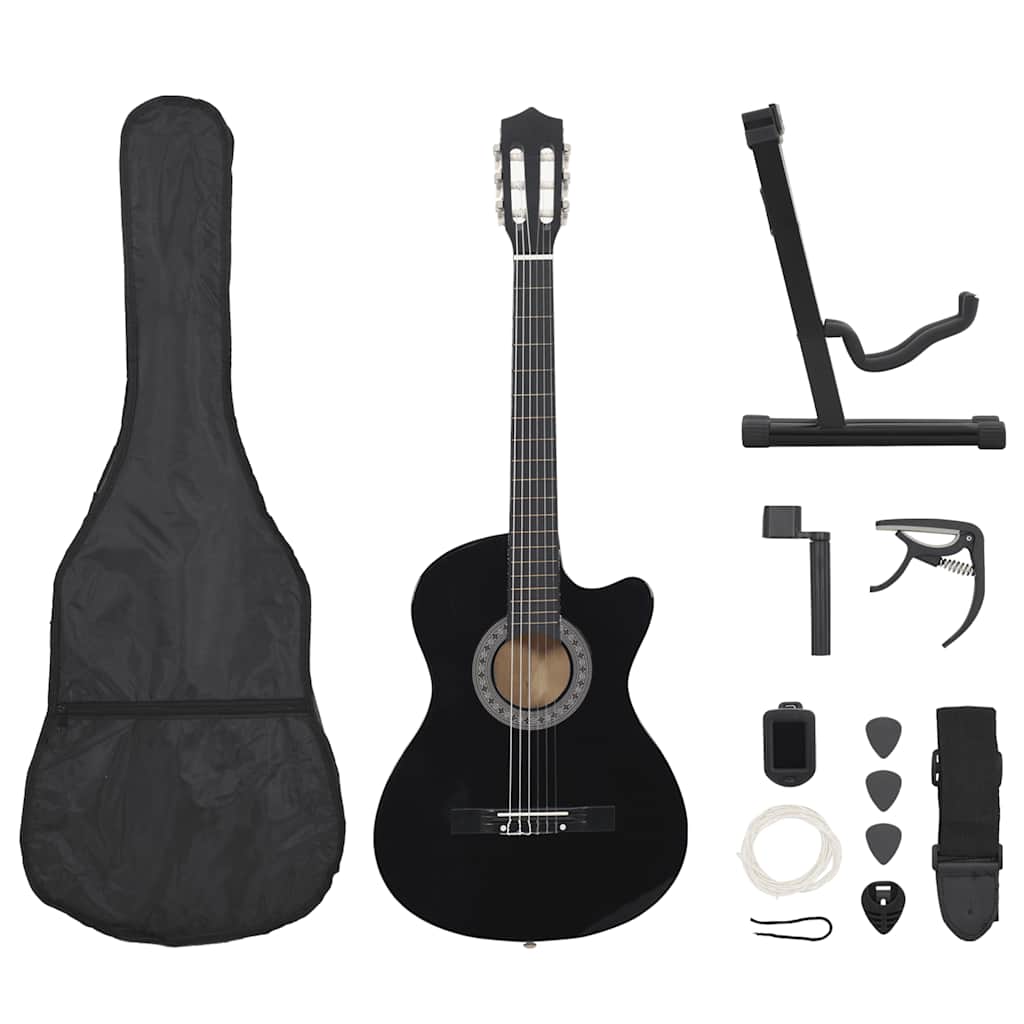 12-tlg Westerngitarre Set mit 6 Saiten Schwarz 38"