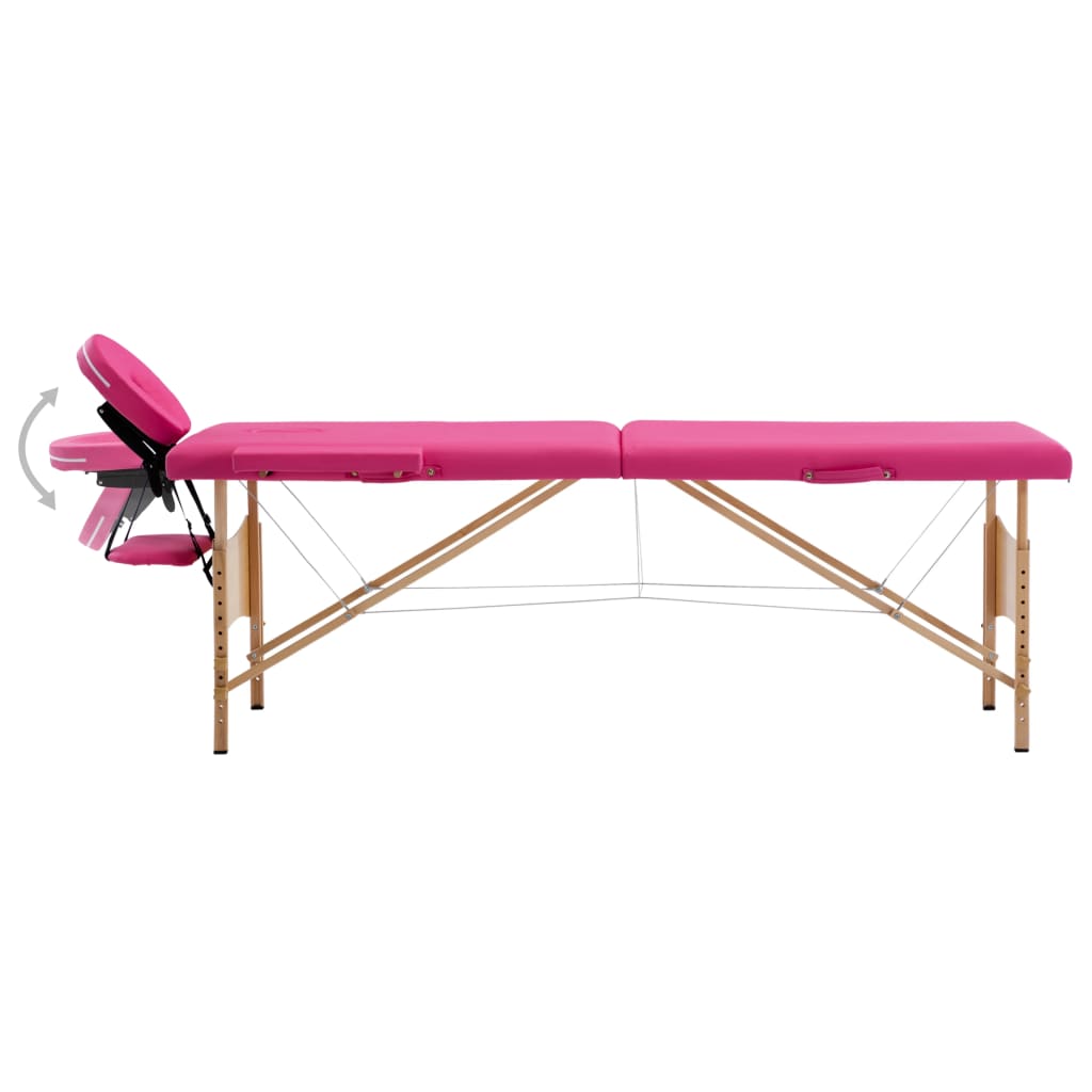Folding 2-zone massage table with wooden frame, pink
