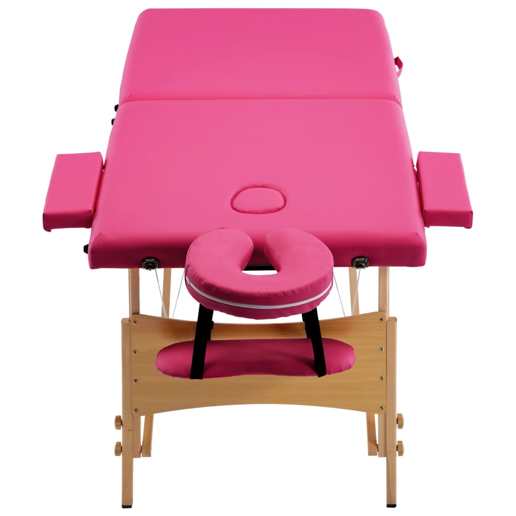 Folding 2-zone massage table with wooden frame, pink
