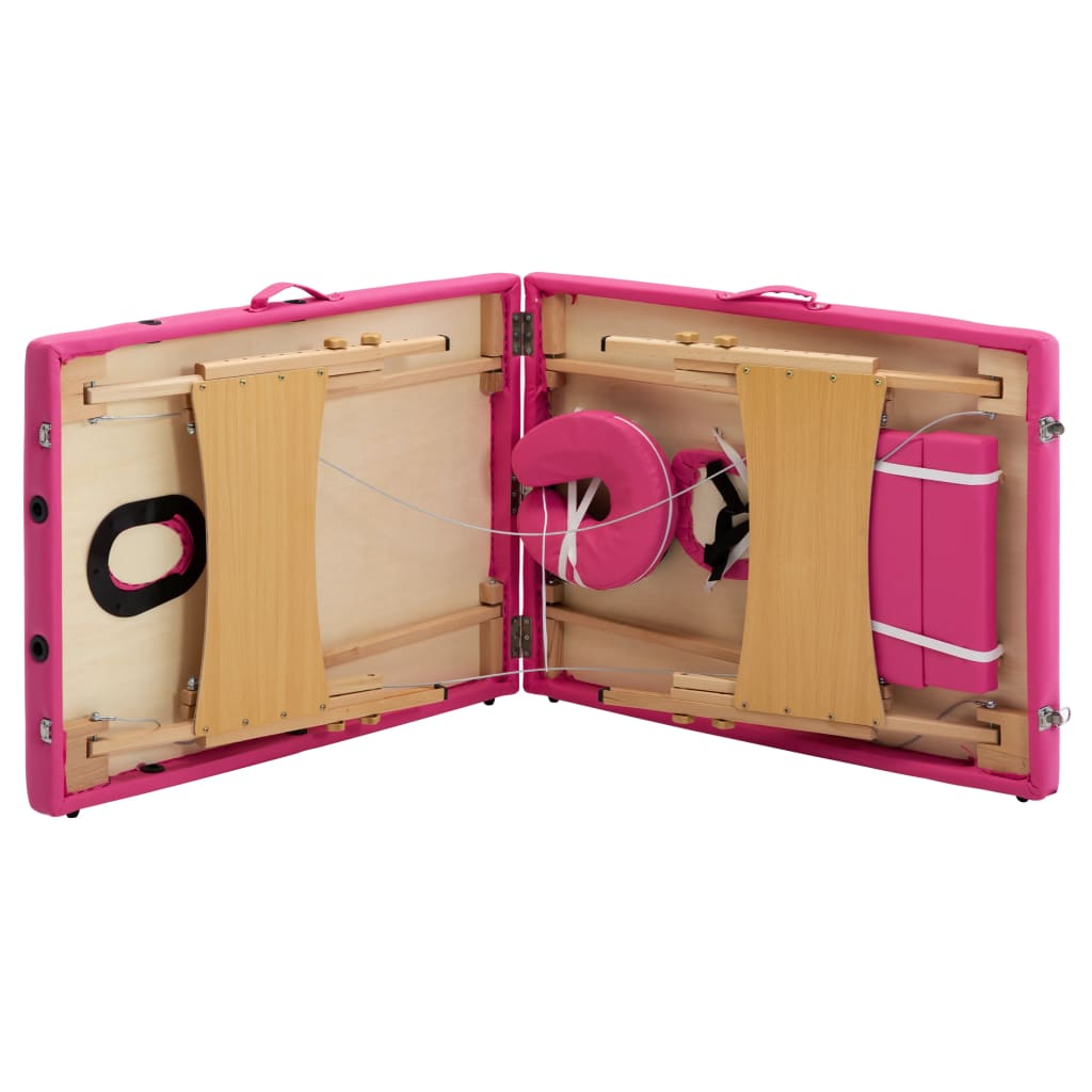 Folding 2-zone massage table with wooden frame, pink