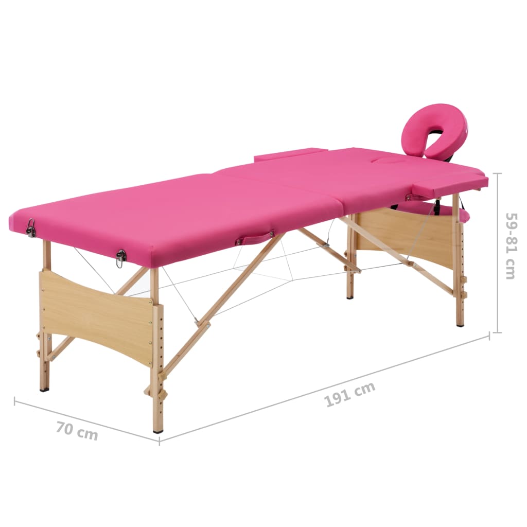 Folding 2-zone massage table with wooden frame, pink