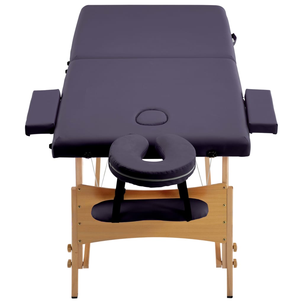 Folding 2-zone massage table with wooden frame, purple