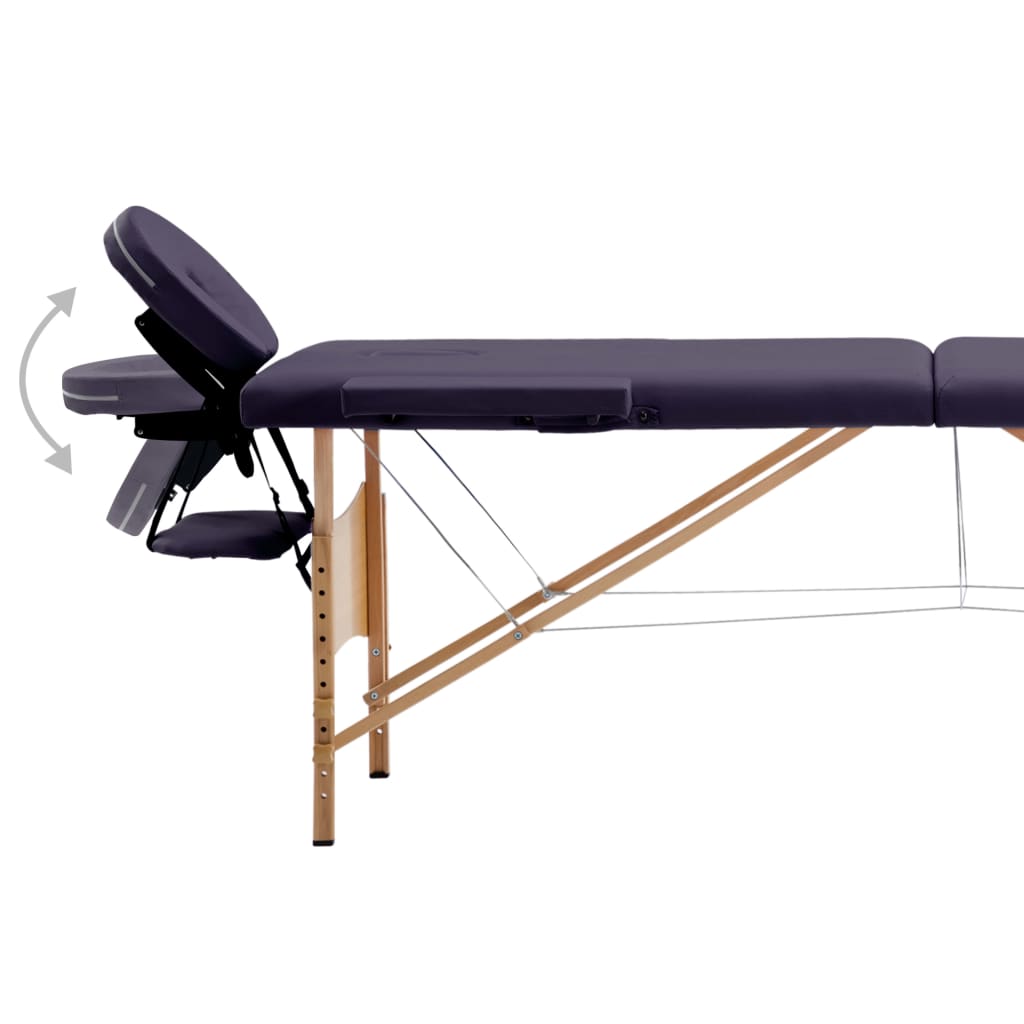 Folding 2-zone massage table with wooden frame, purple