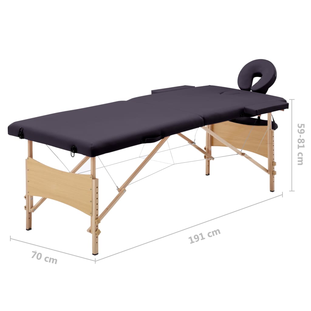 Folding 2-zone massage table with wooden frame, purple