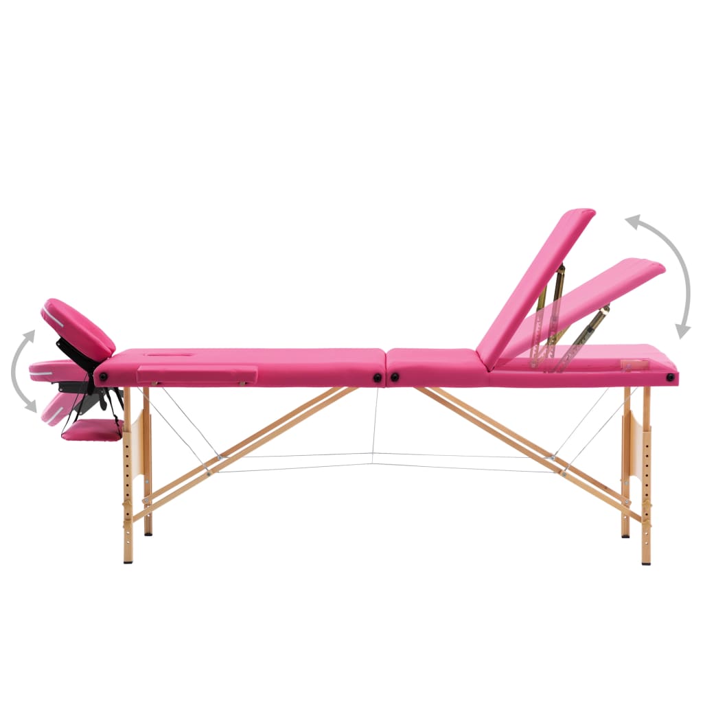 Folding 3-zone massage table with wooden frame, pink