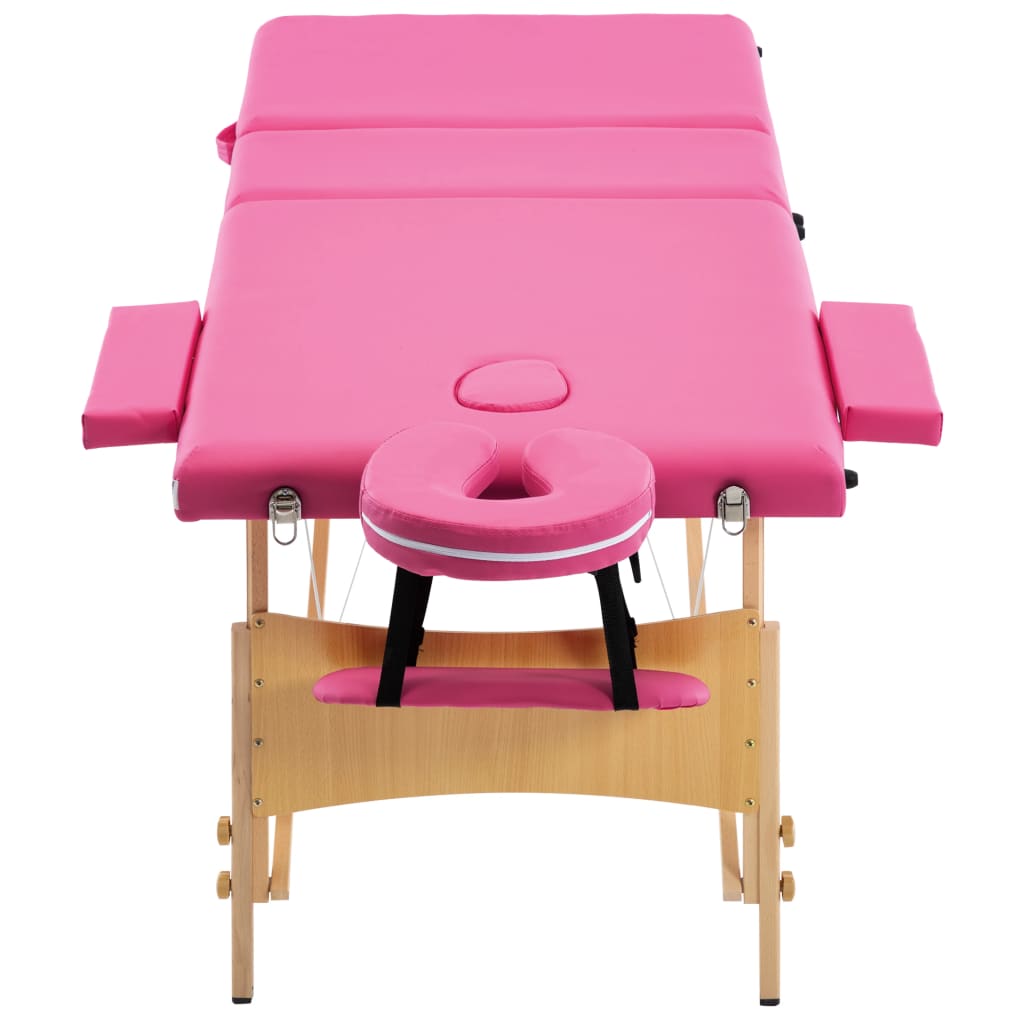 Folding 3-zone massage table with wooden frame, pink