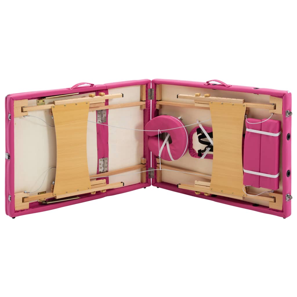 Folding 3-zone massage table with wooden frame, pink