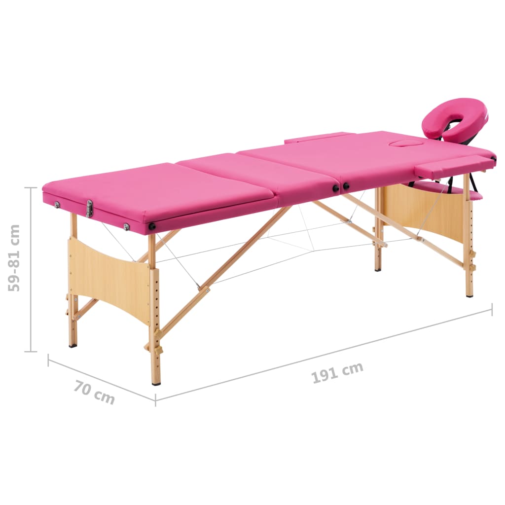 Folding 3-zone massage table with wooden frame, pink