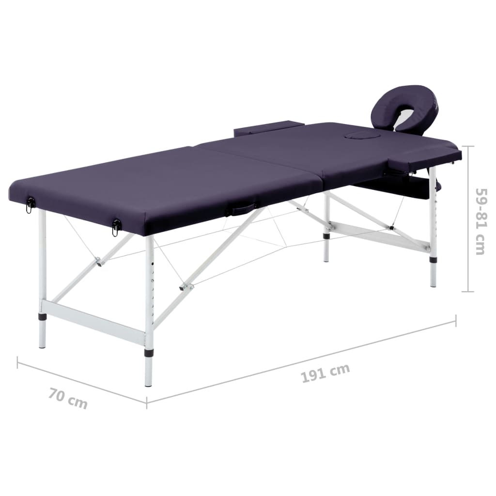 Folding 2-zone massage table with aluminum frame, purple