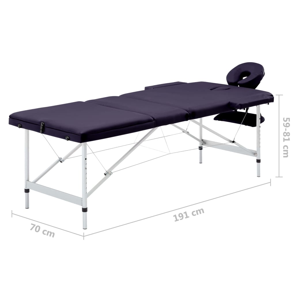 Folding 3-zone massage table with aluminum frame, purple