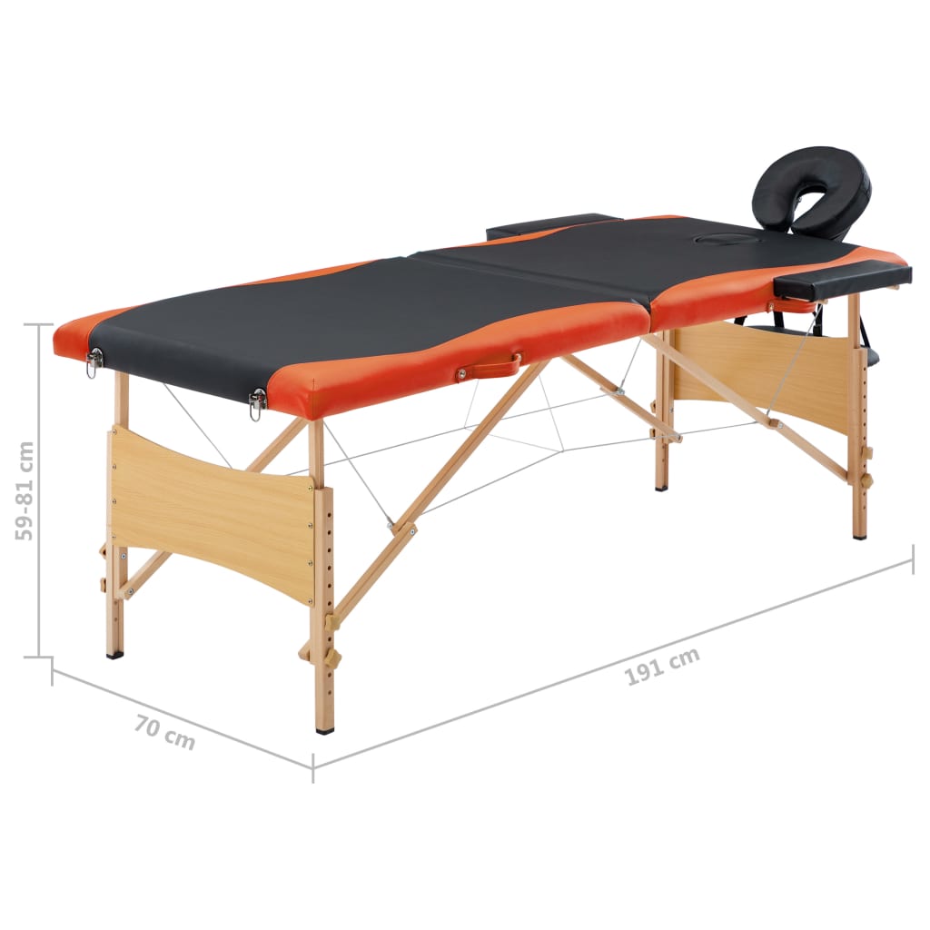Massage table foldable 2-zone wooden frame black and orange