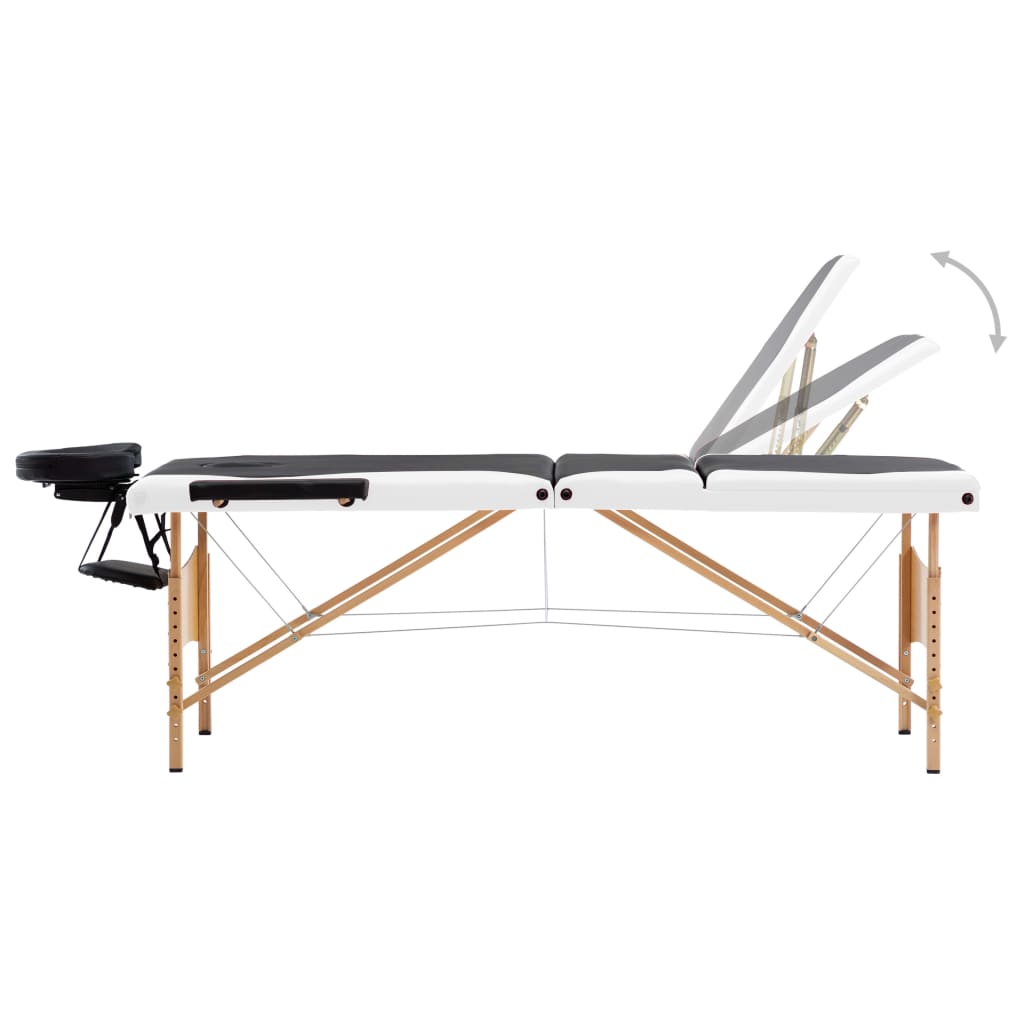 Folding 3-zone massage table with wooden frame in black and white