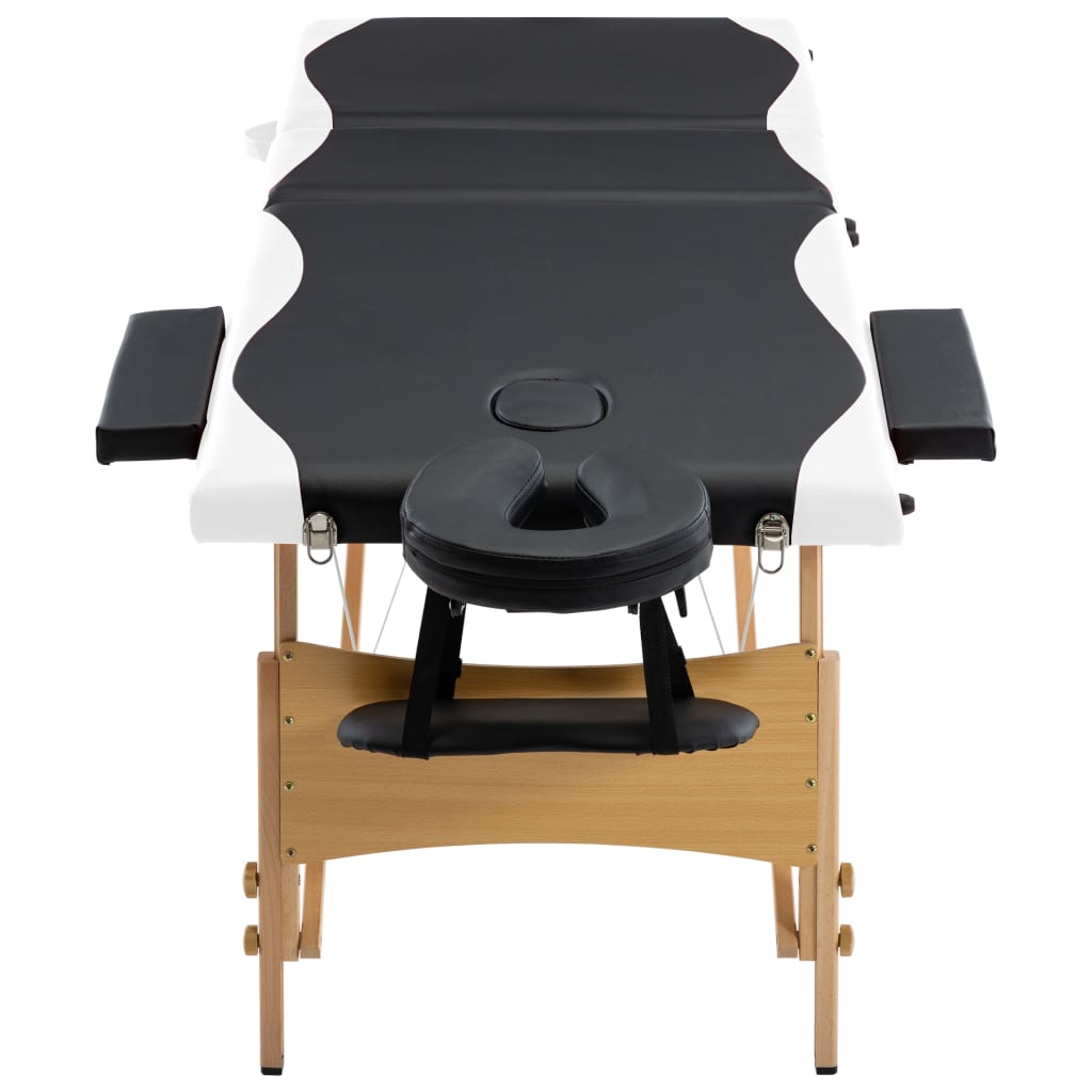 Folding 3-zone massage table with wooden frame in black and white