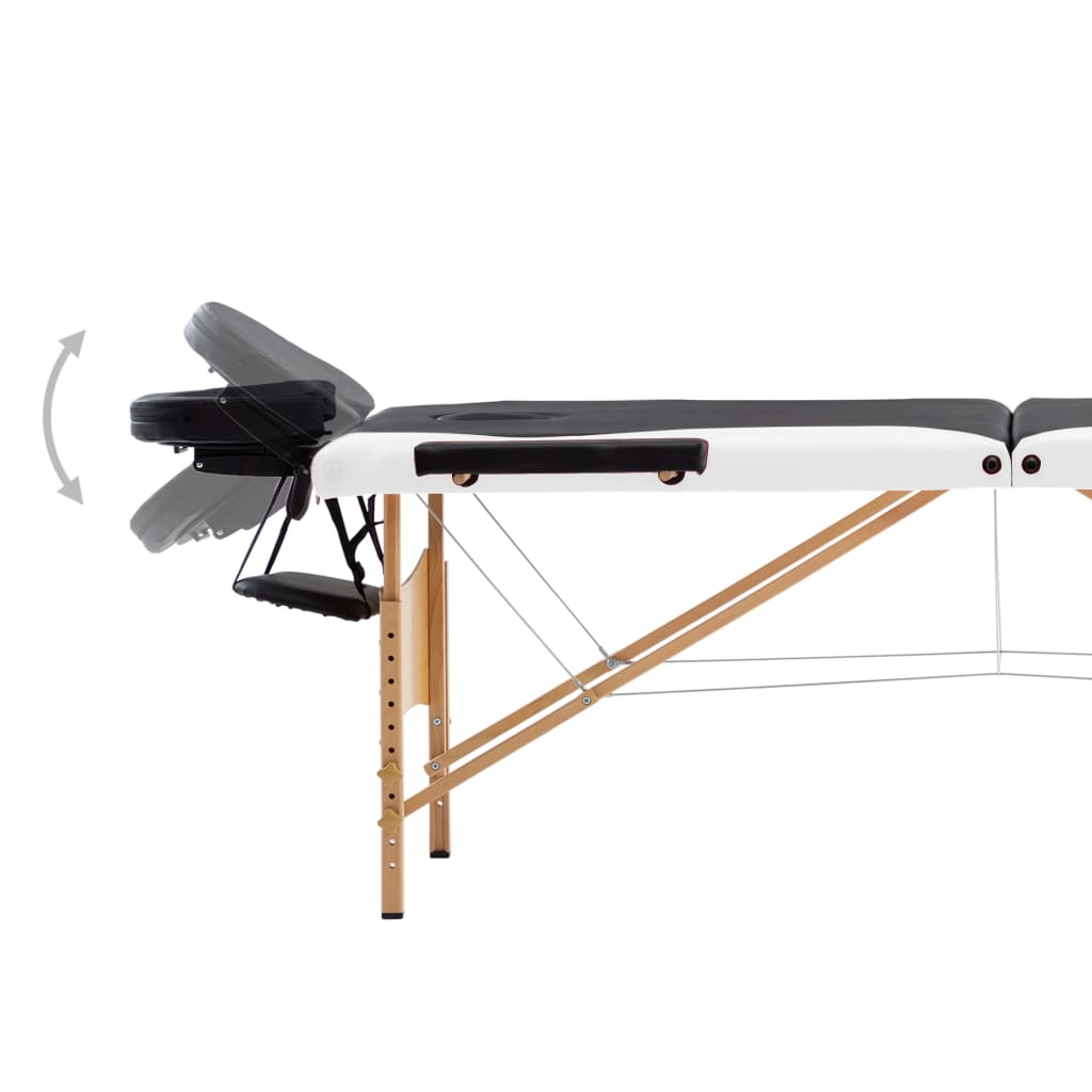 Folding 3-zone massage table with wooden frame in black and white