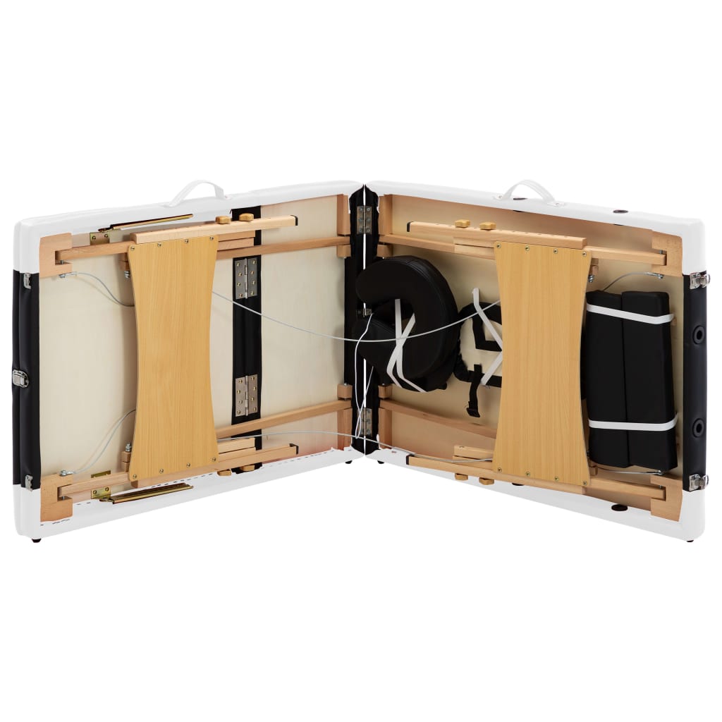 Folding 3-zone massage table with wooden frame in black and white