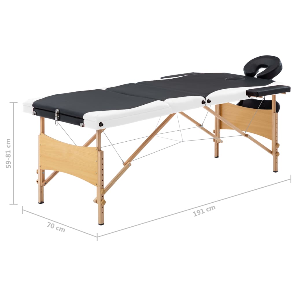 Folding 3-zone massage table with wooden frame in black and white