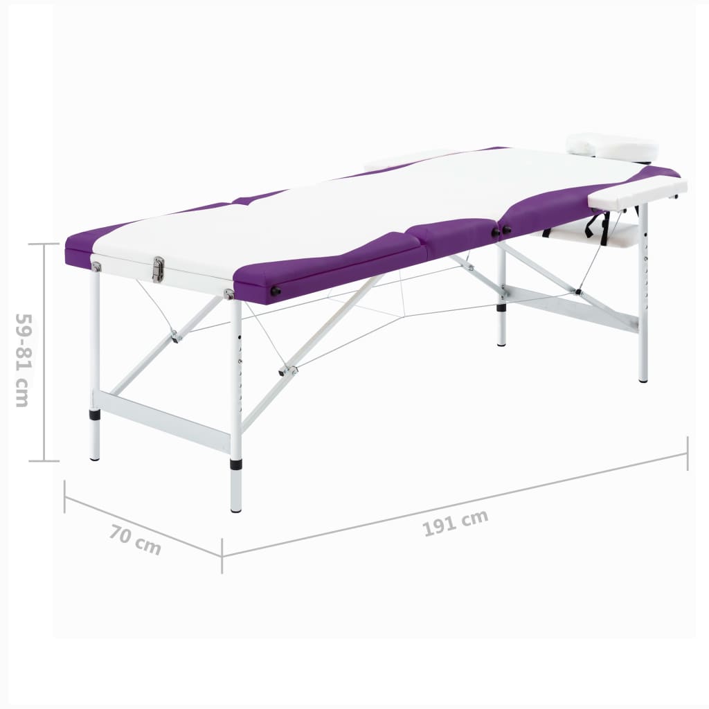 Massage table foldable 3-zone aluminum frame white and purple