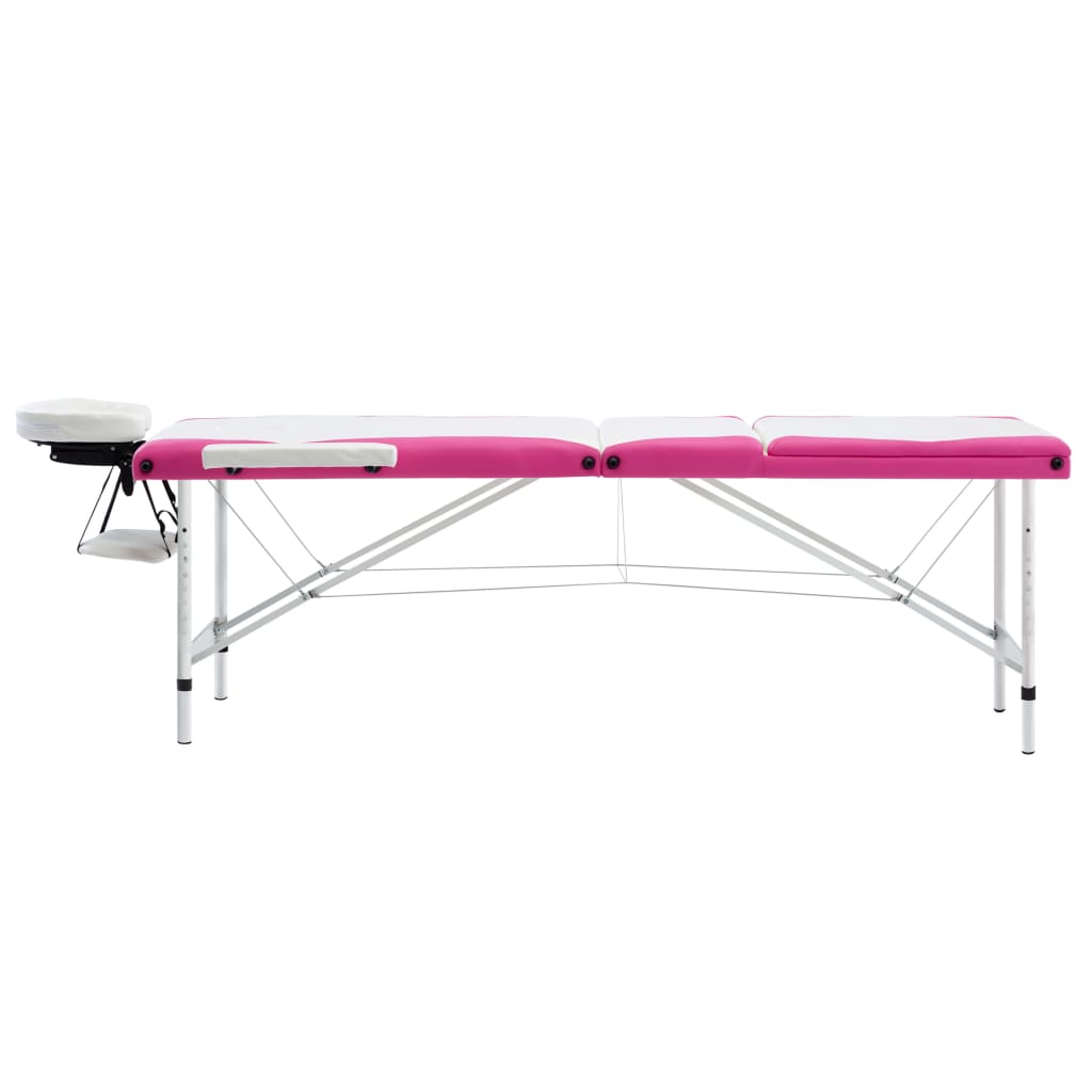 Massage table foldable 3-zone aluminum frame white and pink