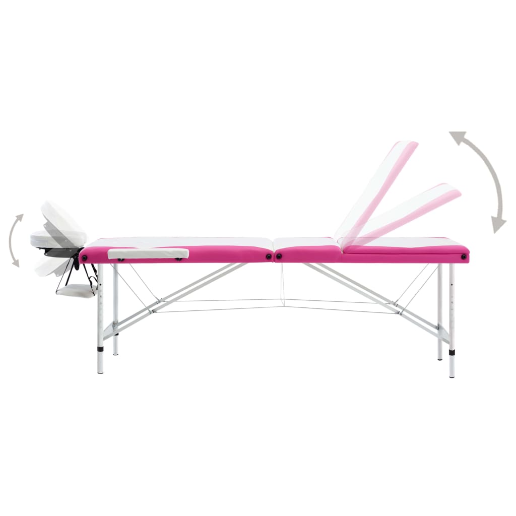 Massage table foldable 3-zone aluminum frame white and pink