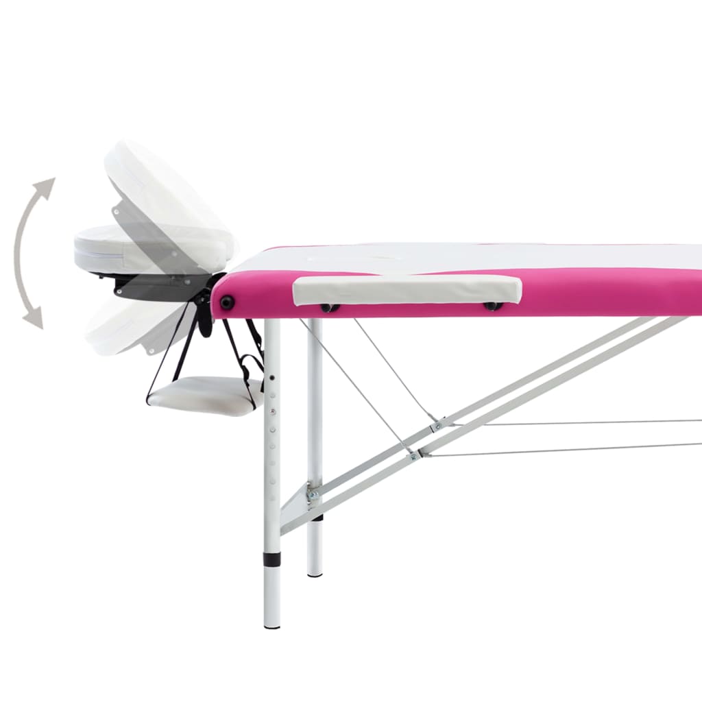Massage table foldable 3-zone aluminum frame white and pink