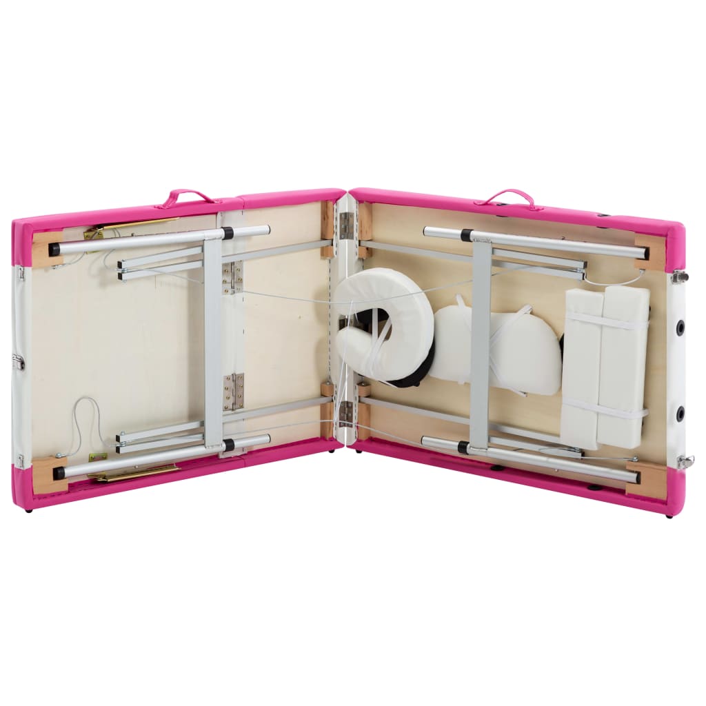 Massage table foldable 3-zone aluminum frame white and pink