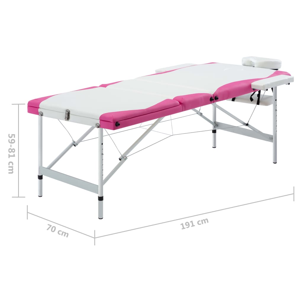 Massage table foldable 3-zone aluminum frame white and pink