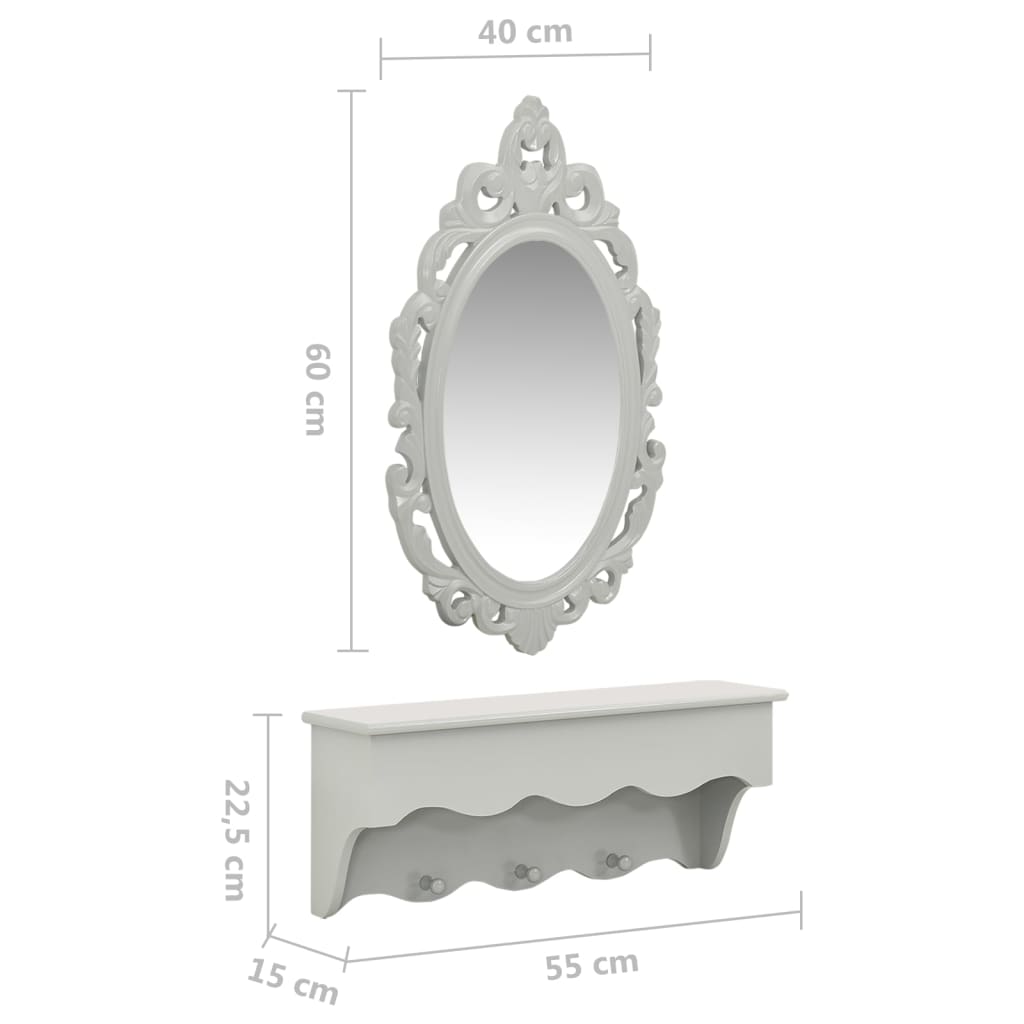 Wall shelf with mirror and hooks for keys &amp; jewelry gray