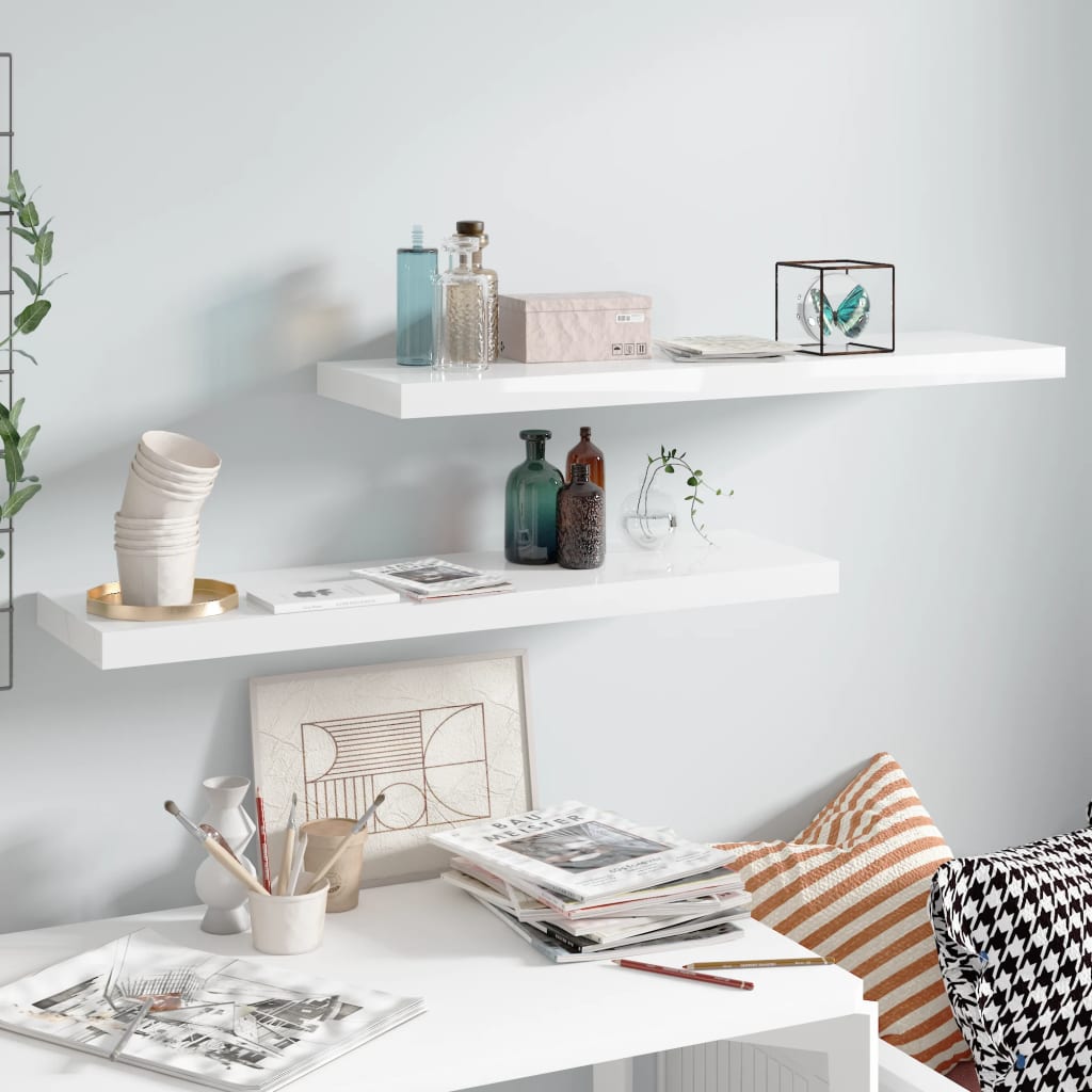 Floating shelves 2 pcs. High-gloss white 90x23.5x3.8 cm MDF