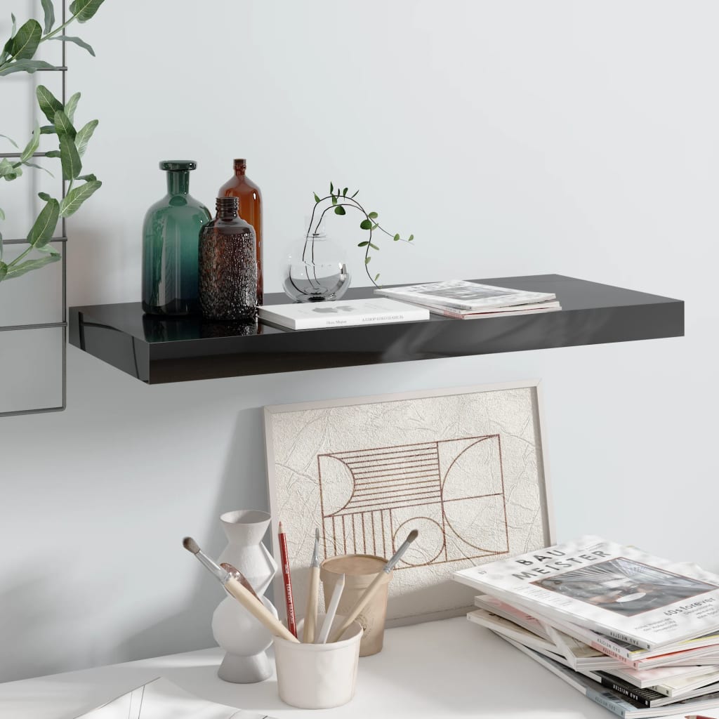 Floating shelf high-gloss black 60x23.5x3.8 cm MDF