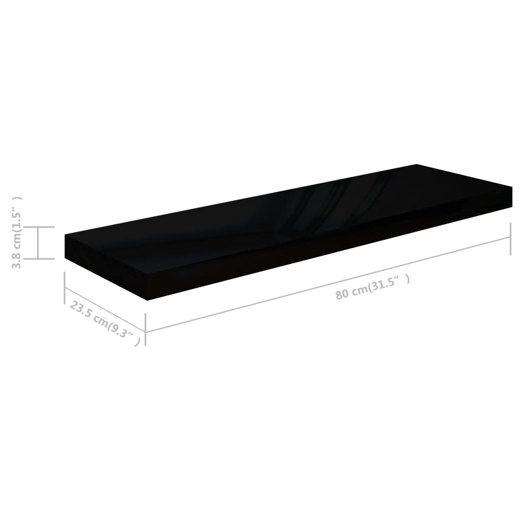 Floating shelves 2 pcs. High-gloss black 80x23.5x3.8 cm MDF