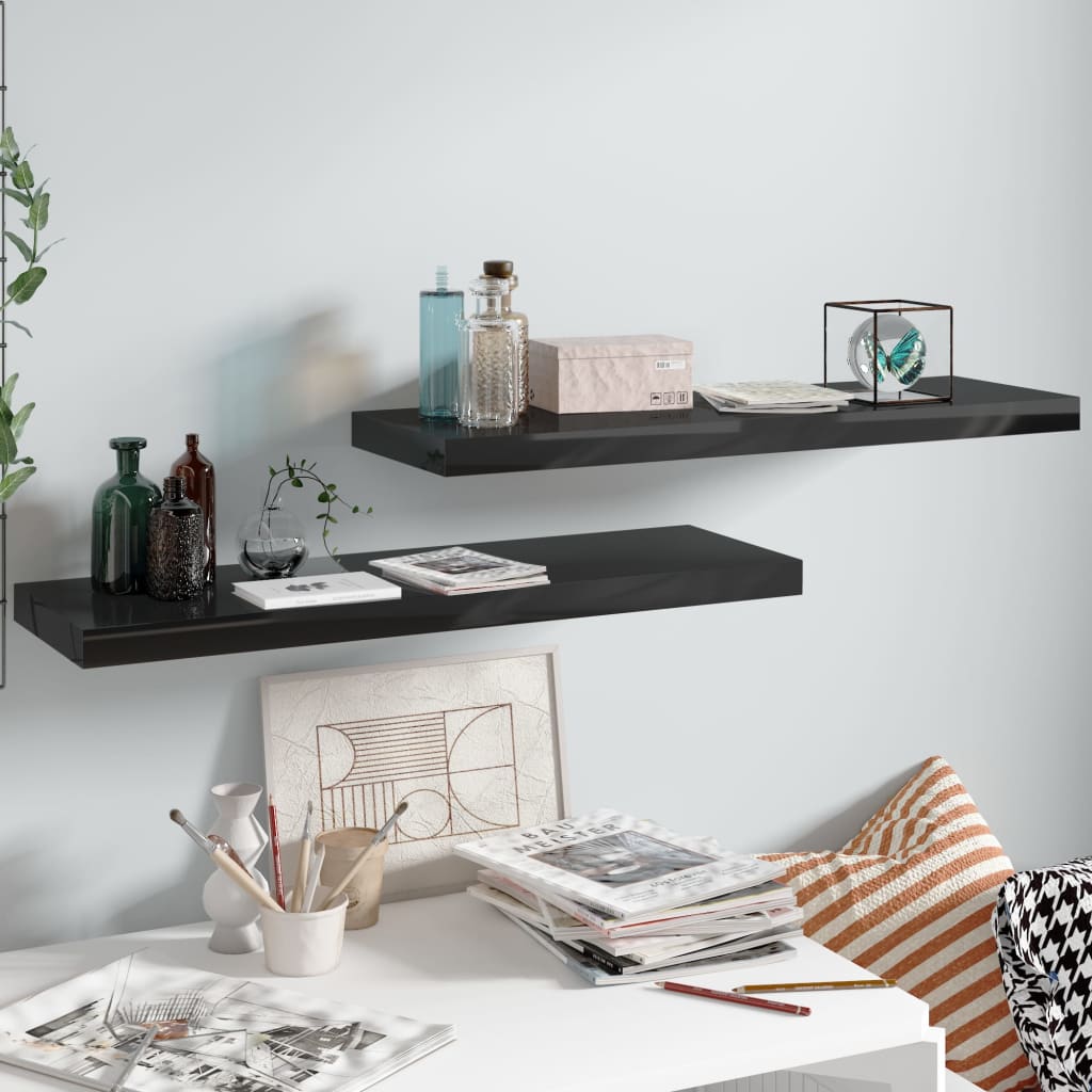 Floating shelves 2 pcs. High-gloss black 80x23.5x3.8 cm MDF