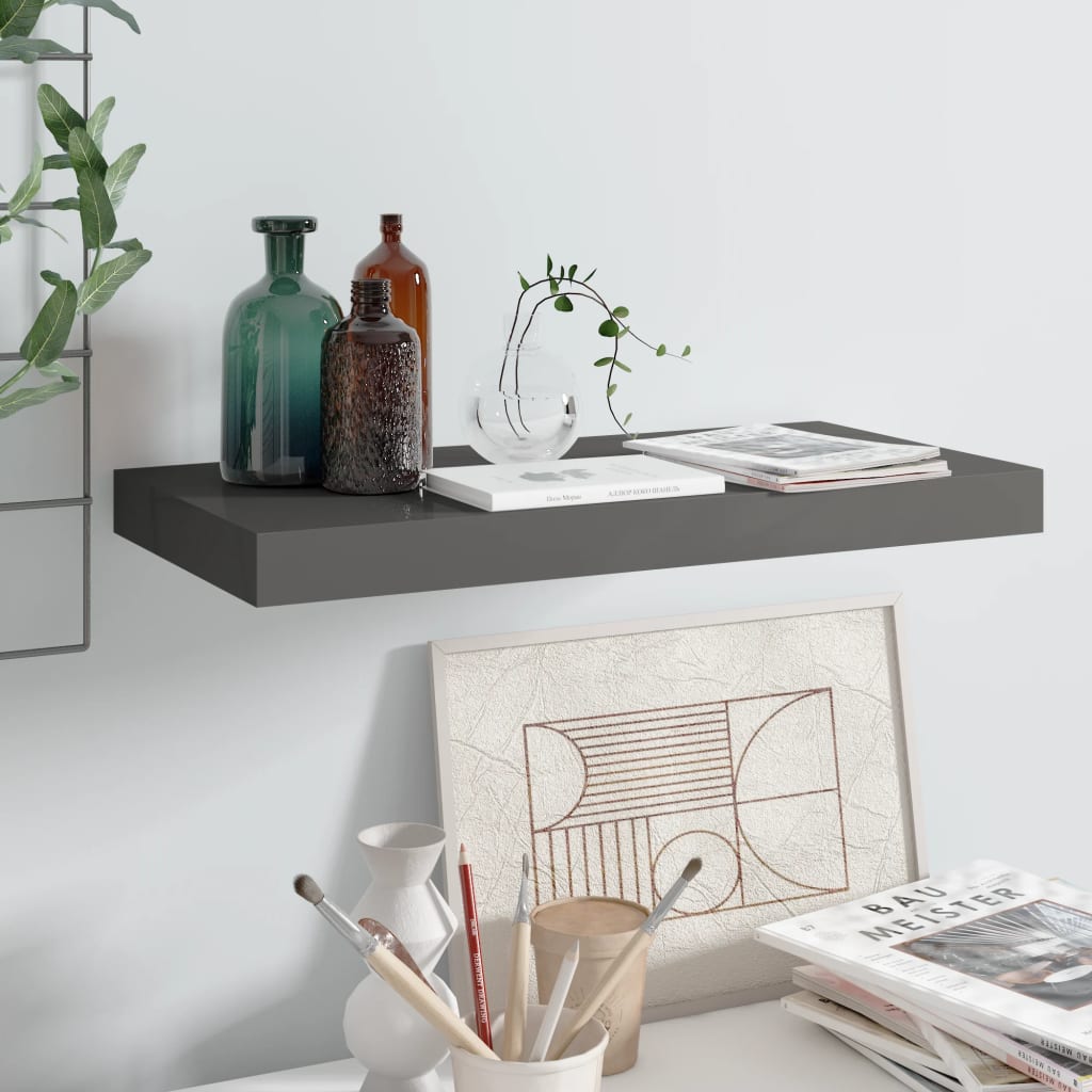 Floating shelf high-gloss grey 50x23x3.8 cm MDF