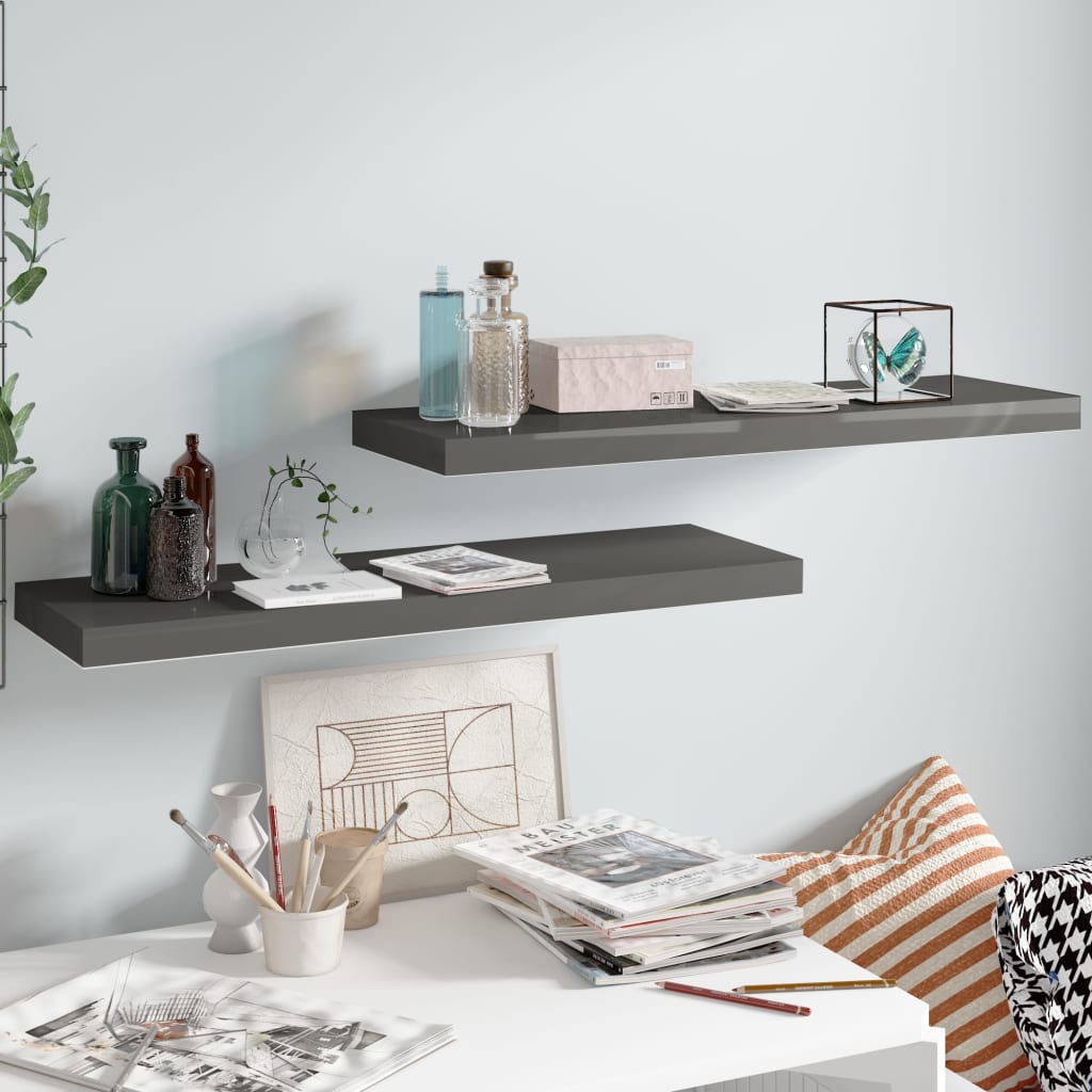 Floating shelves 2 pcs. High-gloss grey 80x23.5x3.8 cm MDF