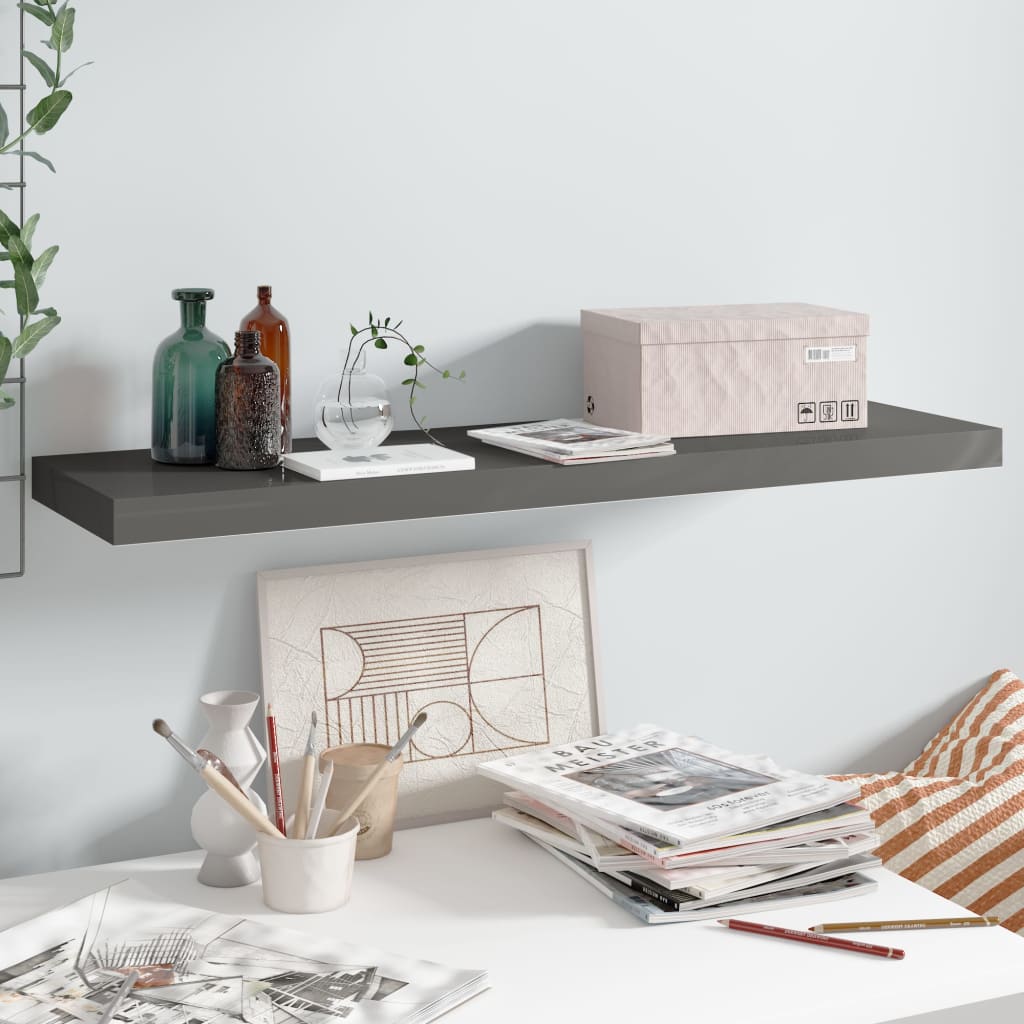 Floating wall shelf high-gloss grey 90x23.5x3.8 cm MDF