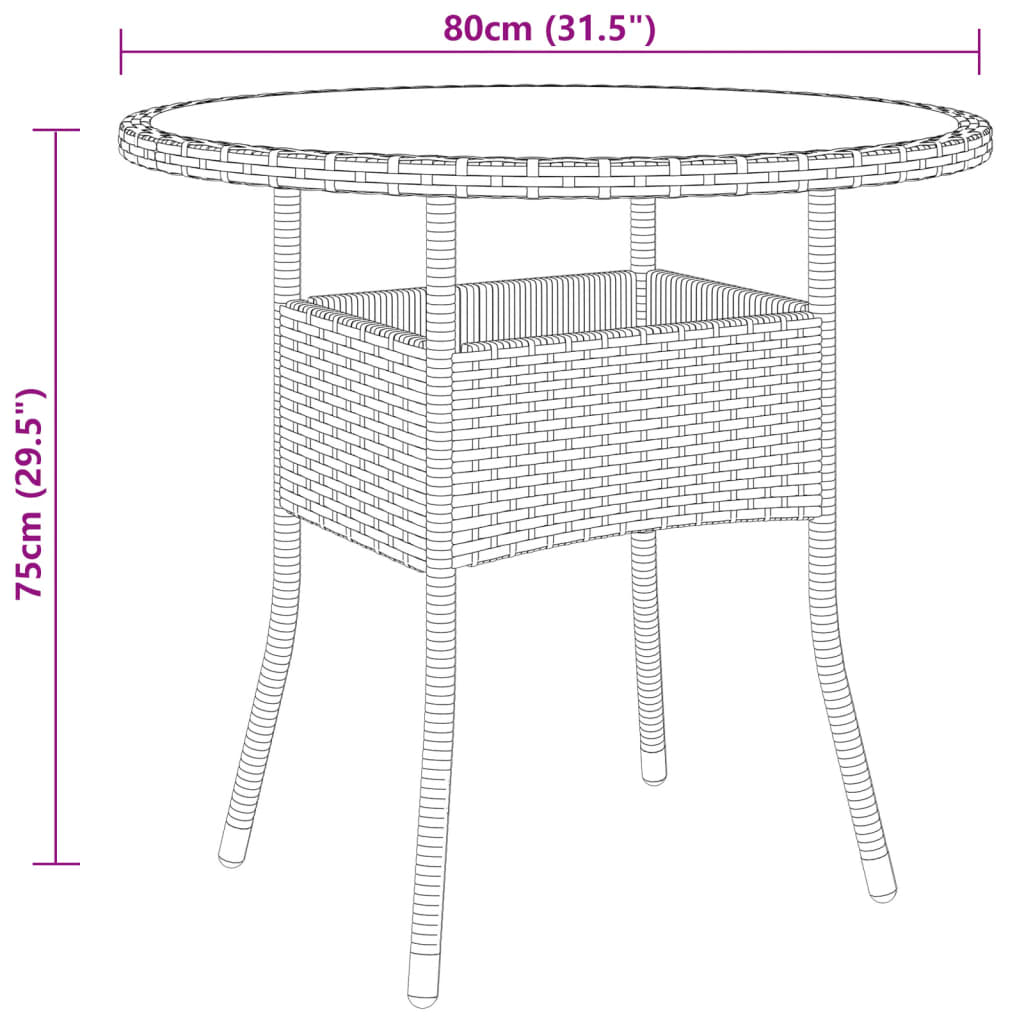 Gartentisch Ø80x75 cm Hartglas und Poly Rattan Braun