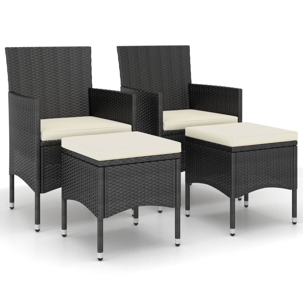 4-piece garden chair and stool set, poly rattan, black