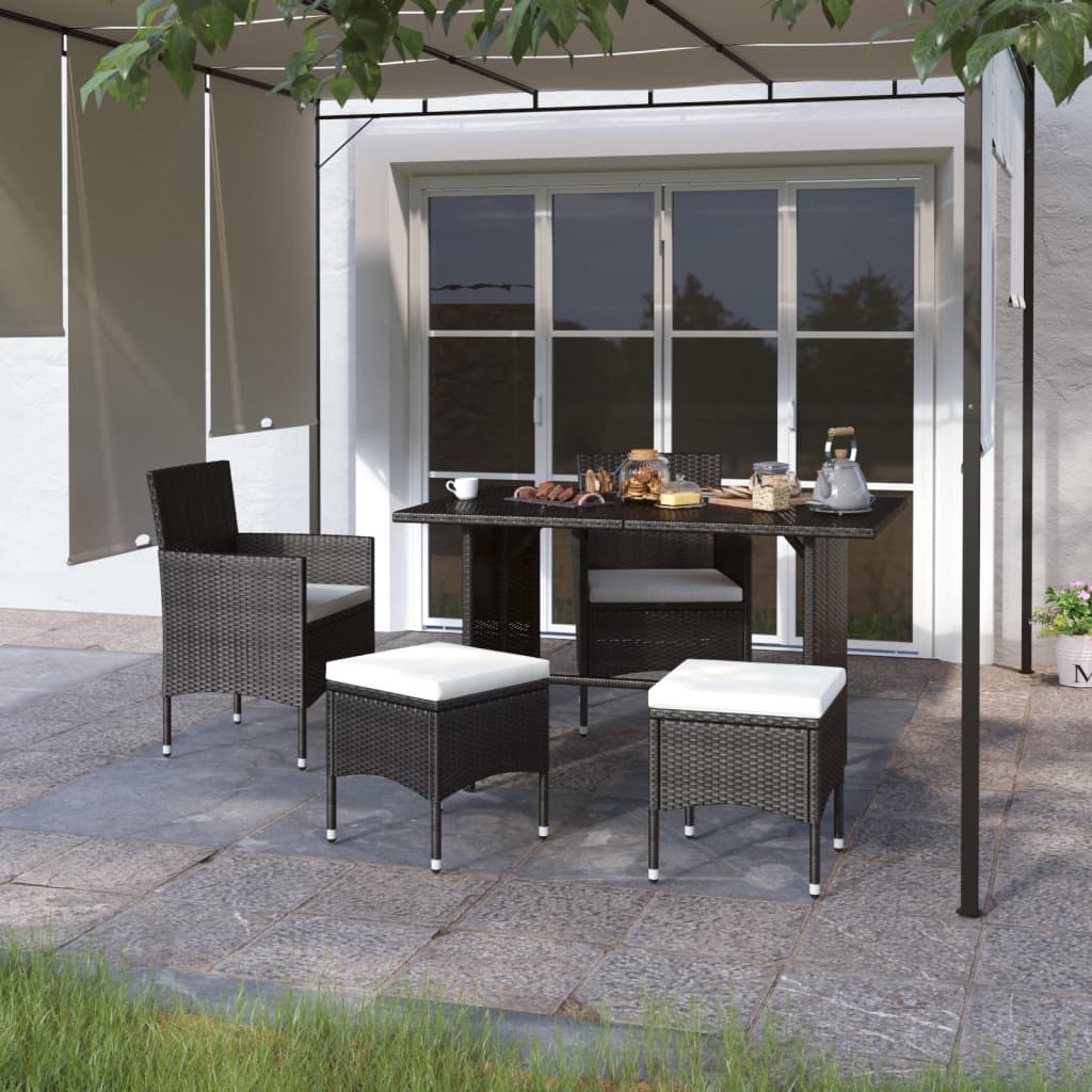 4-piece garden chair and stool set, poly rattan, black