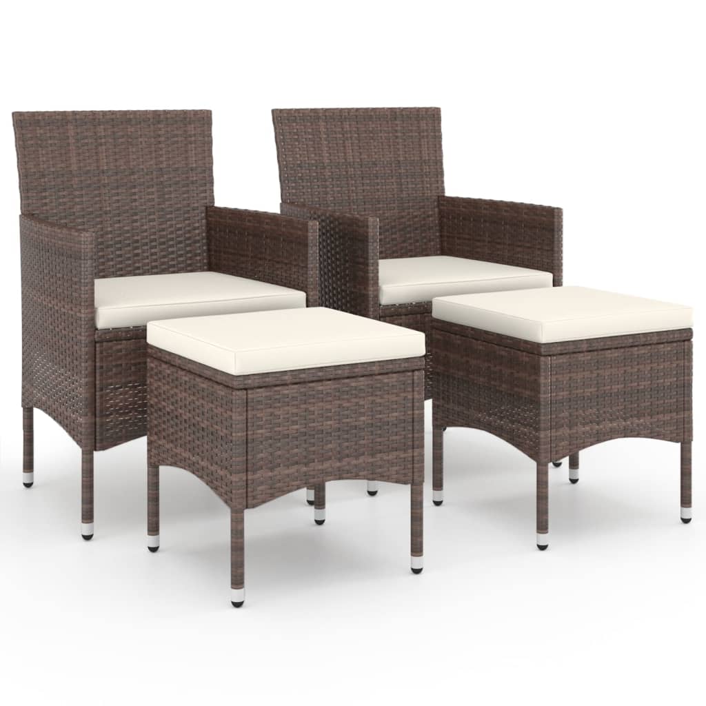 4-piece garden chair and stool set, poly rattan, brown