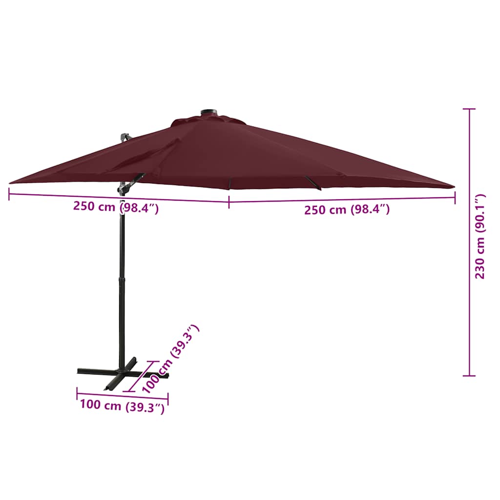 Ampelschirm mit LED-Beleuchtung 250 cm Bordeauxrot