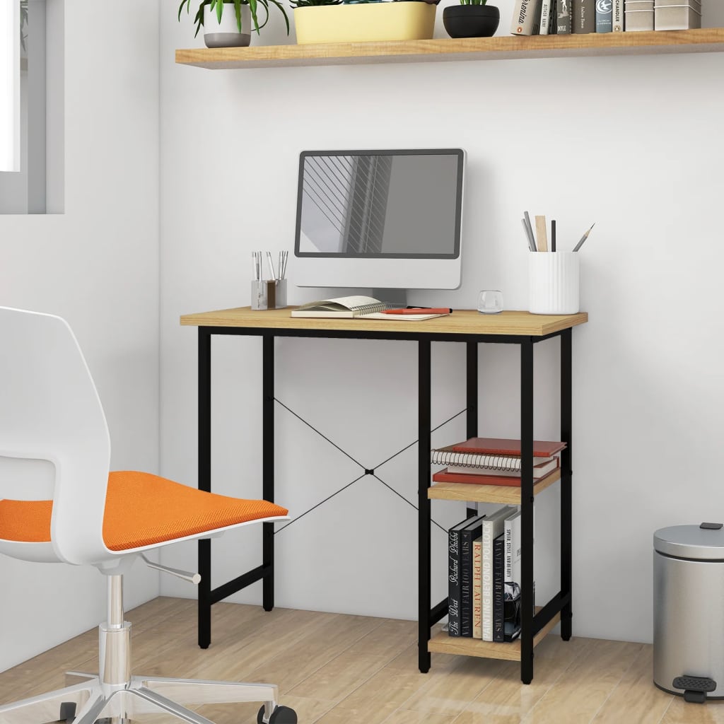 Computer desk black and light oak 80x40x72 cm MDF and metal