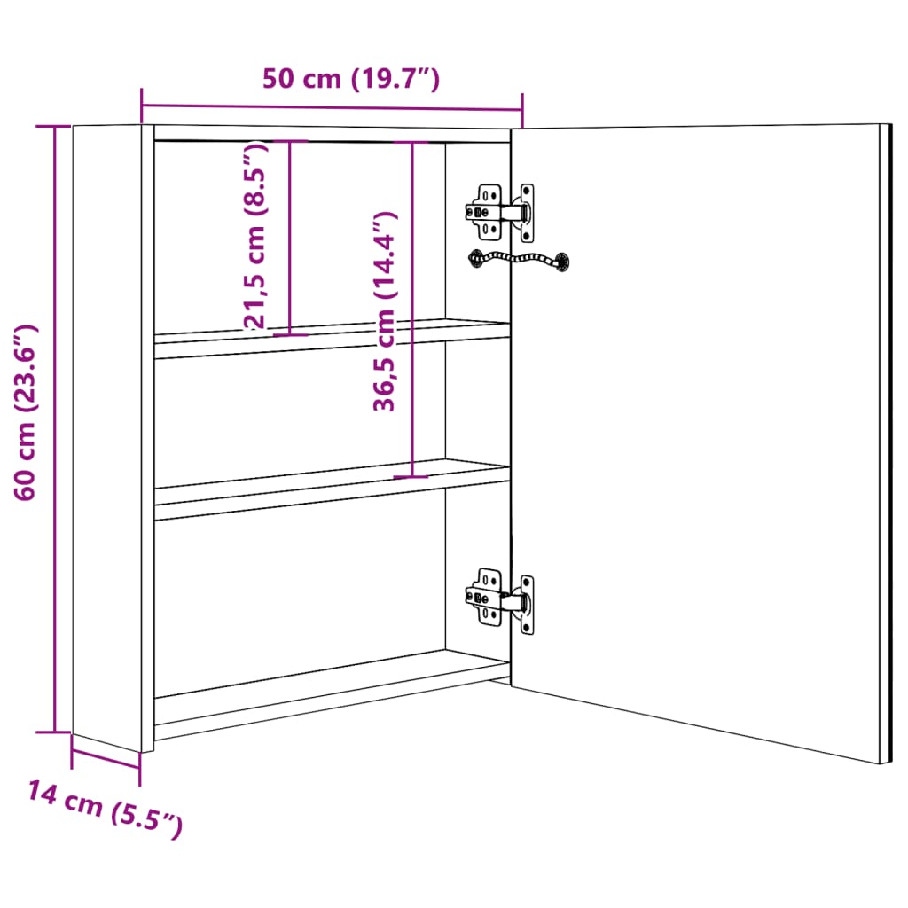 LED mirror cabinet for the bathroom, glossy grey, 50 x 14 x 60 cm