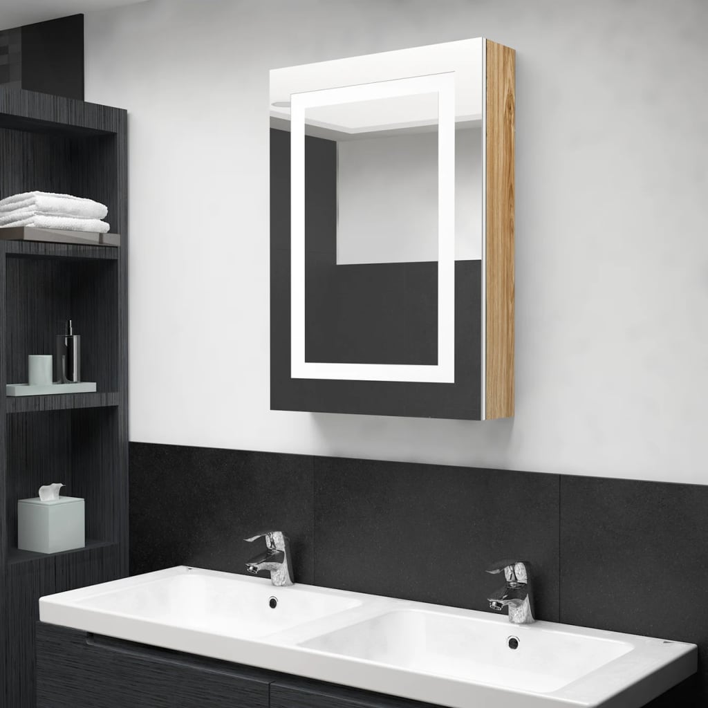 LED mirror cabinet for the bathroom in white and oak look, 50 x 13 x 70 cm